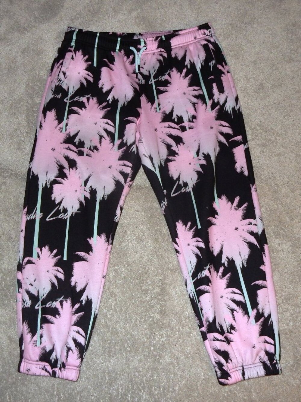 WESC PARADISE LOST Black pink palm tree print pants sweats XXL XXXL 7 vaporwave